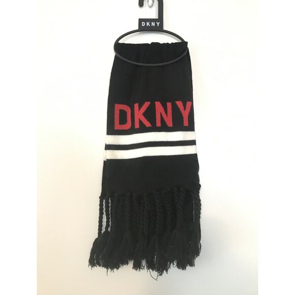 DKNY NEW Logo Stadium Scarf Tassel Fringe Black White Red Winter 68" x 8" WINTER - Picture 2 of 7